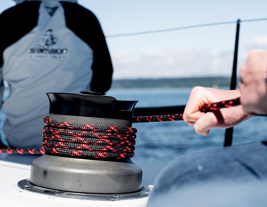 Samson Rope’s braided marine rope being used on a winch during a recreational boating trip