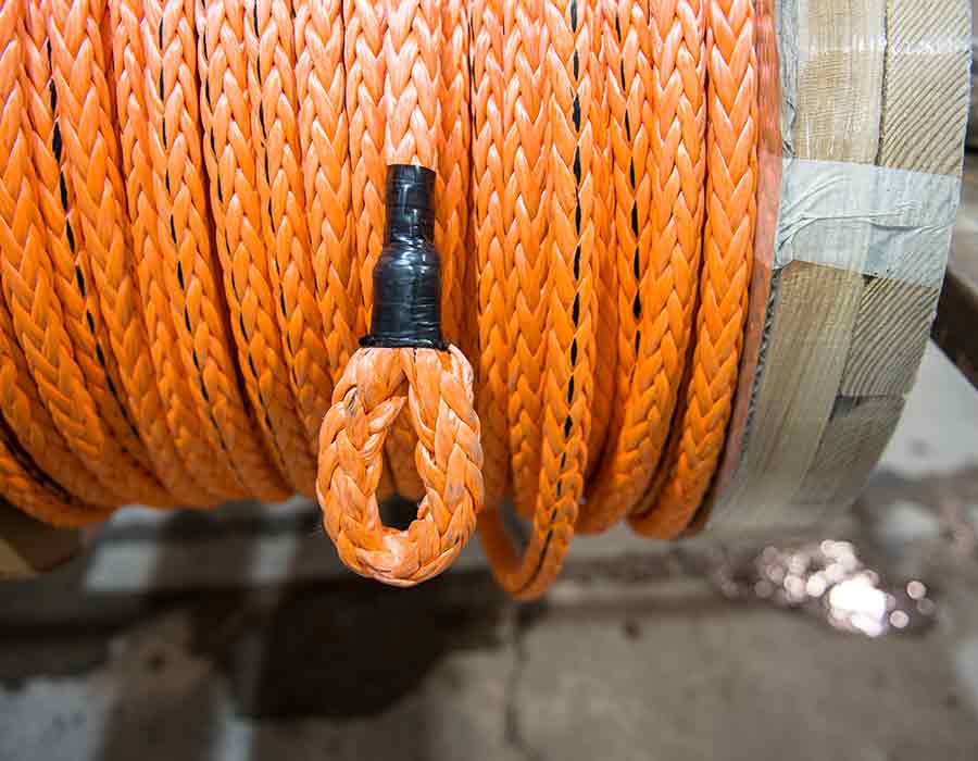 Spool of orange Samson Rope hoisting rope used for crane operations