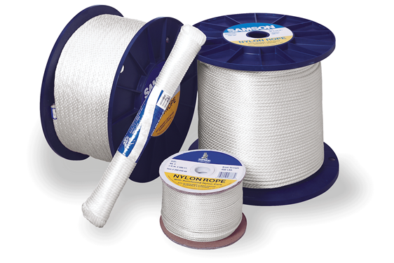 Spools of white nylon rope from Samson, part of their general cordage offerings for professionals and hobbyists