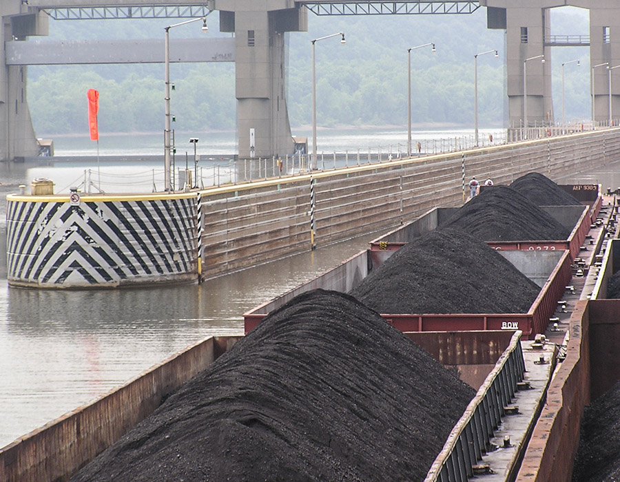 Barges carrying coal through an inland river lock, supported by Samson Rope